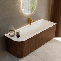 Badmeubel Mondiaz Kurve-Dlux | 125 cm | Meubelkleur Walnut | Wastafelkleur Ostra | Solid surface | Rechts spoelbak | 1 kraangat