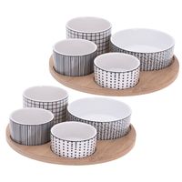 Set van 2x stuks serveerplanken bamboe dia 22 cm met 8x luxe hapjes/saus/tapas porselein schaaltjes