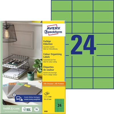 Avery-Zweckform 3450 Universele etiketten 70 x 37 mm Papier Groen 2400 stuk(s) Permanent hechtend Inkjet, Laser (zwart/wit), Laser (kleur), Kopiëren (zwart/wit)