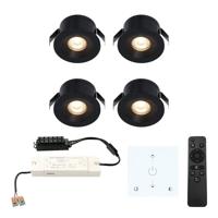 Set van 4 Cadiz LED Mini Inbouwspots met trafo en muurdimmer - 12 Volt 3 Watt 200 lumen - Dimbaar - Plat 26mm - 2700K - IP44 waterdicht - Zwart - Veranda Spotjes - Overkapping Spotjes