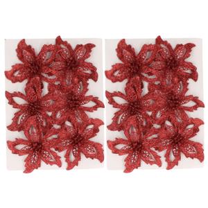 Kerstboom bloemen op clip - 12x st - rood -glitter - 8 cm - polyester - roos