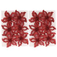 Kerstboom bloemen op clip - 12x st - rood -glitter - 8 cm - polyester - roos - thumbnail