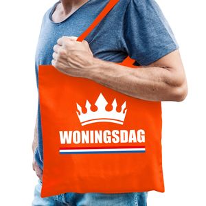 Woningsdag tas / shopper oranje katoen met witte tekst en kroon voor heren   -