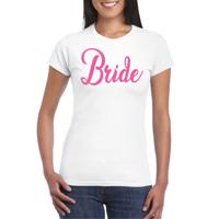 Vrijgezellenfeest T-shirt voor dames - bride - wit - roze glitter - bruiloft/trouwen - thumbnail