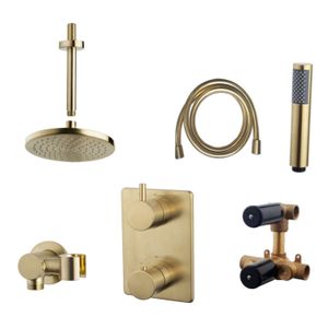 Inbouwthermostaatset Wiesbaden Caral Rond 20cm Plafonduitloop Geborsteld Messing Goud PVD Coating