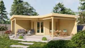 Tuindeco Bridgend Blokhut met overkapping 380+298x380+298 cm 70 mm vuren blank- Plat dak- Onbehandeld vurenhout- Tuindeco