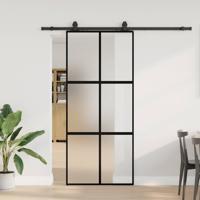 Schuifdeur met beslagset 90x205 cm gehard glas zwart