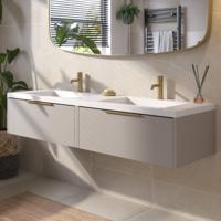 Saqu Lima badmeubel incl. dubbele glans witte wastafel 160x52x34cm mat greige - messing greep