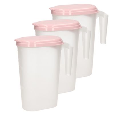 3x stuks waterkan/sapkan transparant/roze met deksel 1.6 liter kunststof