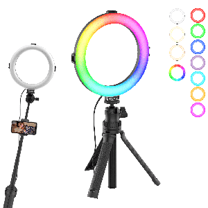 VIJIM K9 RGB Ringlamp met selfie stick-statief en telefoonhouder - 10 kleuren