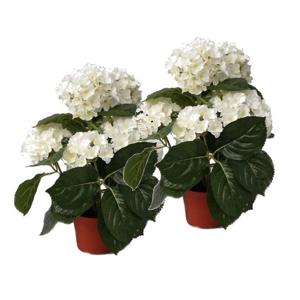 Mooie kunstplant met bloemen - 2x - Hortensia - wit - H36 cm - Dia 10 cm