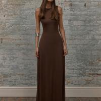 Bon&Bon Coffee Knitted Maxi Dress - Elegant High Scoop Neck Slim Fit S