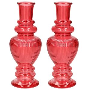 Bloemenvaas Venice - 2x - voor kleine stelen/boeketten - gekleurd glas - ribbel koraal rood - D5,7 x