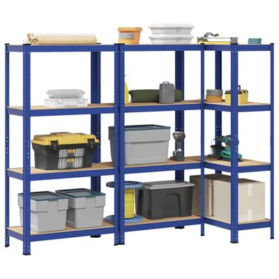 Opbergrekken 3 st 4-laags staal en bewerkt hout blauw