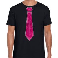 Verkleed t-shirt voor heren - stropdas glitter roze - zwart - carnaval - foute party Verkleed t-shirt voor heren - stropdas glitter roze - zwart - carnaval - foute party
