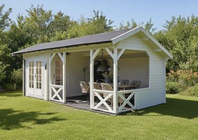 Interflex 6732 Blokhut 667x320 cm 40 mm vuren compleet wit gecoat incl. zwarte dakshingles (tweezijdig), antraciet goot (eenzijdig), composiet funderingsbalken en vlonder in luifel - Showmodel Hoofddorp- Kapschuurdak- - Interflex