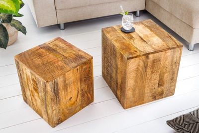 Naturel set van 2 bijzettafels CURACAO 40cm mangohouten blokjes - 42577