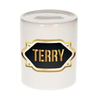 Spaarpot met voornaam Terry - wit - goud/zwart embleem - 8 x 9 cm - keramiek - afsluitdop