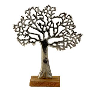 Decoratie levensboom - Tree of Life - aluminium/hout - 23 x 26 cm - zilver kleurig