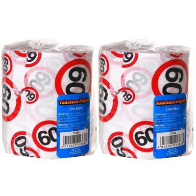 60 jaar verjaardag cadeau - Set van 2x stuks - wc/toiletpapier - 25m - feestartikelen - verkeersbord