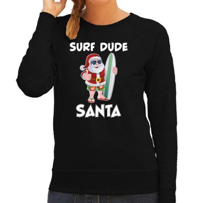 Surf dude Santa fun Kerstsweater / outfit zwart voor dames Surf dude Santa fun Kerstsweater / outfit zwart voor dames