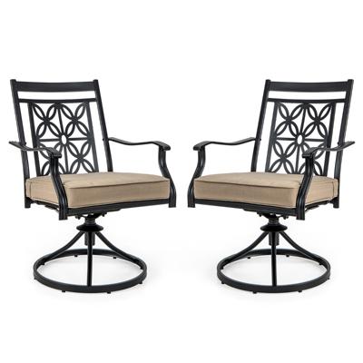 Set van 2 Draaistoelen voor Buiten met Duurzaam Metalen Frame Zacht Kussen Rugleuning met Bloemenpatroon 360° Draaibaar Bruin