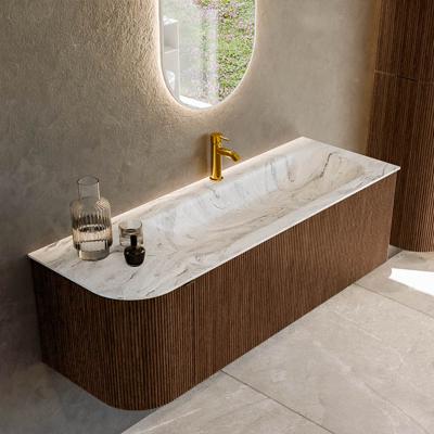 Badmeubel Mondiaz Kurve-Dlux | 135 cm | Meubelkleur Walnut | Wastafelkleur Glace | Solid surface | Rechts spoelbak | 1 kraangat