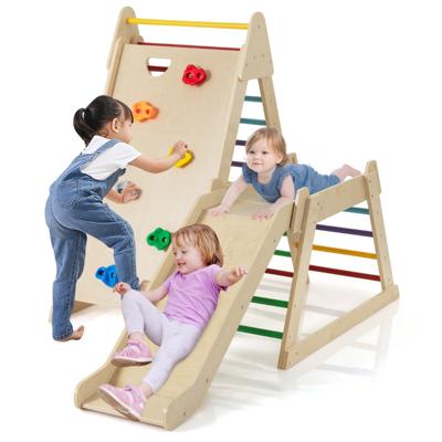 Drie-in-één Klimrek met Glijbaan Klimrek met Ladder Houten Klimset-Multicolor