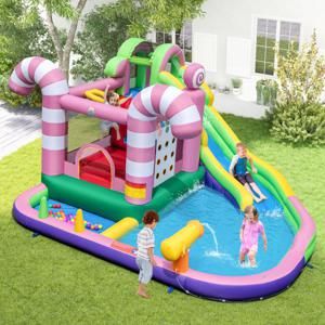 Opblaasbaar Springkasteel Snoep Themawaterpark met Lange Glijbaan Waterpistool met Ventilator voor Maximaal 2 Kinderen