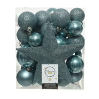 Decoris kerstballen set - 34-dlg - ijsblauw - incl. piek - kunststof - kerstversiering