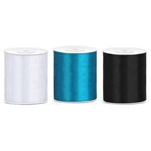 3x rollen hobby decoratie satijnlint zwart-wit-turquoise blauw 10 cm x 25 meter