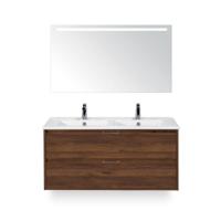 Porto Badmeubelset 120 cm - 2 laden Walnoot - Keramische Wastafel Wit Slim - met Sence Spiegel