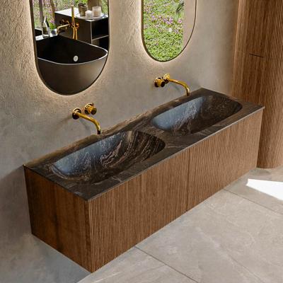 Badmeubel Mondiaz Kurve-Dlux | 140 cm | Meubelkleur Walnut | Wastafelkleur Lava | Solid surface | Dubbele spoelbak | Zonder kraangat(en)