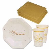 Tafel dekken Ramadan Mubarak feestartikelen wit/goud 24x bordjes/24x drink bekers/40x servetten Tafel dekken Ramadan Mubarak feestartikelen wit/goud 24x bordjes/24x drink bekers/40x servetten