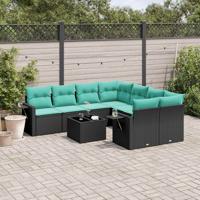 9-delige tuinbankset met kussens van zwart polyrotan