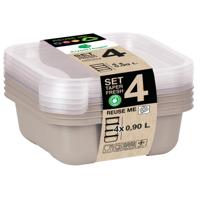 Vershoudbakjes/lunchboxen - set van 4x st - 900 ml - taupe/transparant- L16 x B16 x H9 cm