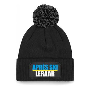 Wintersport muts met pompom - Apres Ski leraar - zwart - one size - unisex - Apres ski beanie