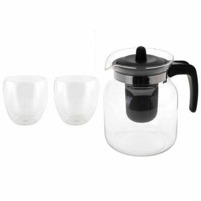 Glazen theepot zwart met filter van 1,5 liter met 2x stuks dubbelwandige theeglazen van 200 ml