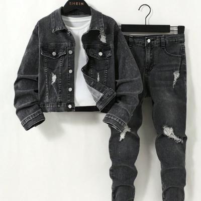 Tween Boys Ripped Distressed Denim Jacket and Jeans Set - Black Grey / 9Y