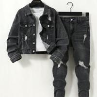 Tween Boys Ripped Distressed Denim Jacket and Jeans Set - Black Grey / 9Y