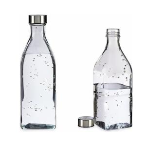 Waterkan - 2x - met deksel - 1L - glas - RVS Dop - waterkaraf - schenkkan - vierkant