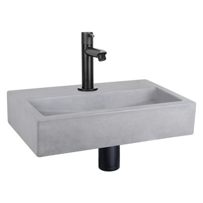 Differnz Flat fonteinset - 38x24x8cm - Rechthoek - 1 kraangat - Recht matte zwarte kraan - Beton Grijs 38.400.13