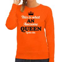 Bellatio Decorations Koningsdag sweater voor dames - awesome Queen - oranje - feestkleding 2XL  -