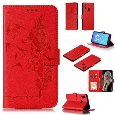 Feather patroon Litchi textuur horizontale Flip lederen draagtas met portemonnee & houder & kaartsleuven voor Huawei Y7 (2019) (rood)