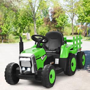 Kindertractor met 3 Versnellingen 12V Ride on Tractor met Afneembare Aanhanger Groen