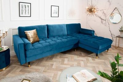 Elegante hoekbank COSY VELVET 3-zitsbank met blauwe petrol fluwelen veerkern - 39847