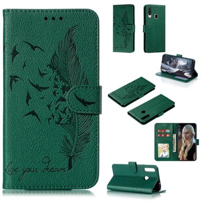 Voor Galaxy A20s Feather patroon Litchi textuur horizontale Flip lederen draagtas met houder & portemonnee & kaartsleuven (groen)