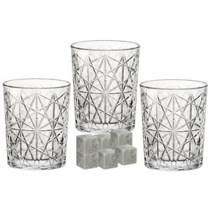 Luxe whiskyglazen set 6x stuks 390 ml met 9x whisky ijsblokstenen