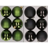 12x stuks kunststof kerstballen mix van donkergroen en zwart 8 cm   -