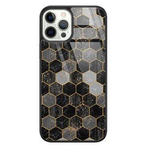 iPhone 12 Pro glazen hardcase - Hexagons zwart